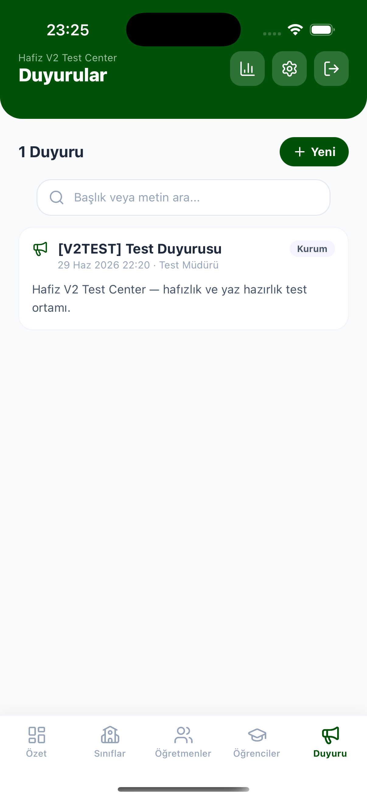 Hafız uygulaması duyuru ekranı — kurum bildirimleri