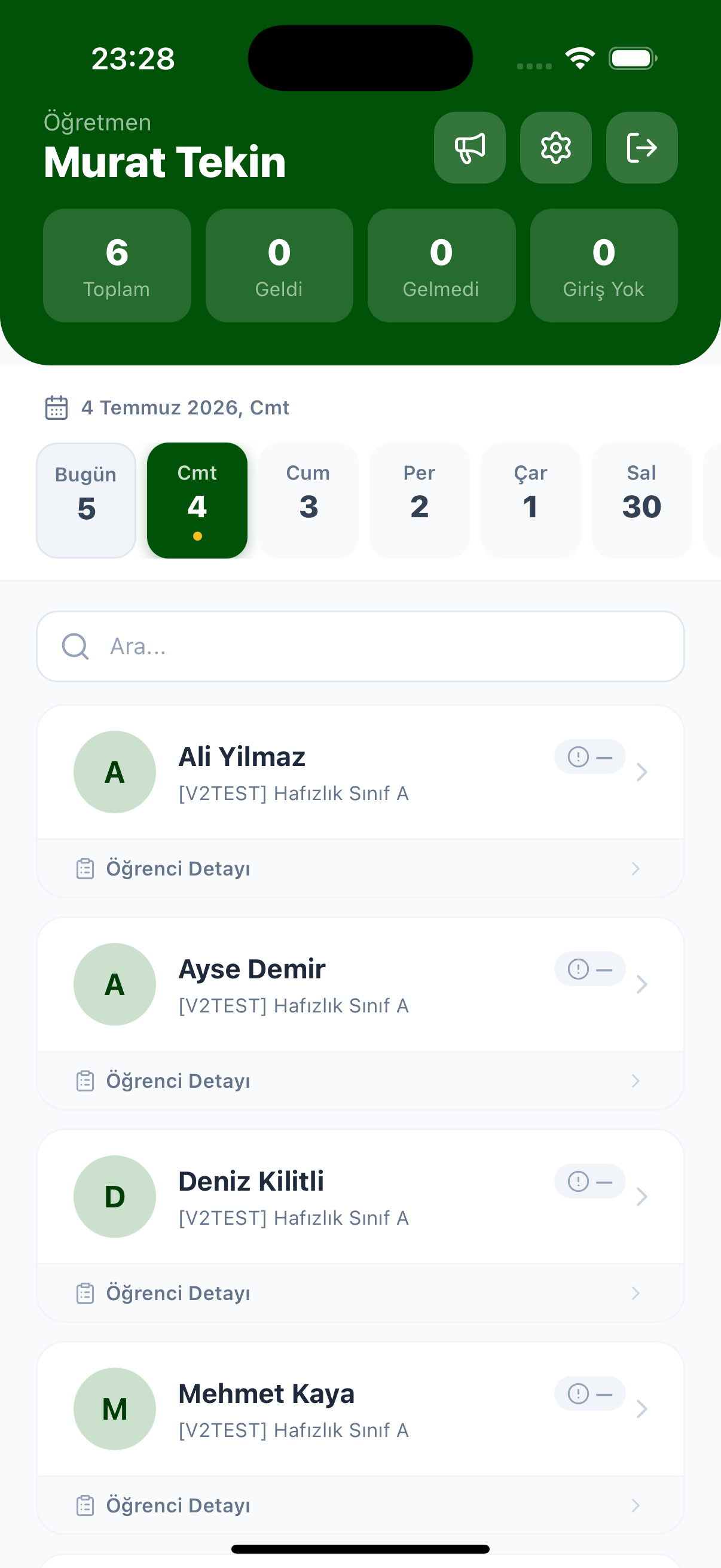 Hafız uygulaması öğretmen yoklama ve öğrenci listesi